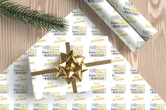 Personalised Christmas Wrapping Paper Special Delivery Santa's Workshop Gold