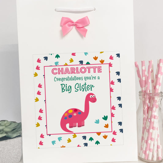 Personalised Congratulations New Big Sister Gift Bag Dinosaur