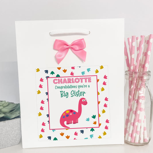 Personalised Congratulations New Big Sister Gift Bag Dinosaur