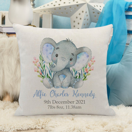 Personalised New Baby Cushion Watercolour Elephant Blue