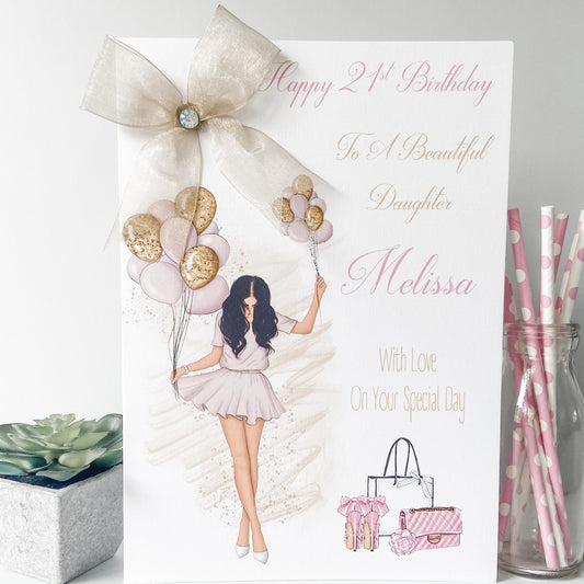 Large A4 Personalised Handmade Birthday Card Girl Balloons luxury 16th 18th 21st 30th 40th Female Daughter granddaughter bestie niece