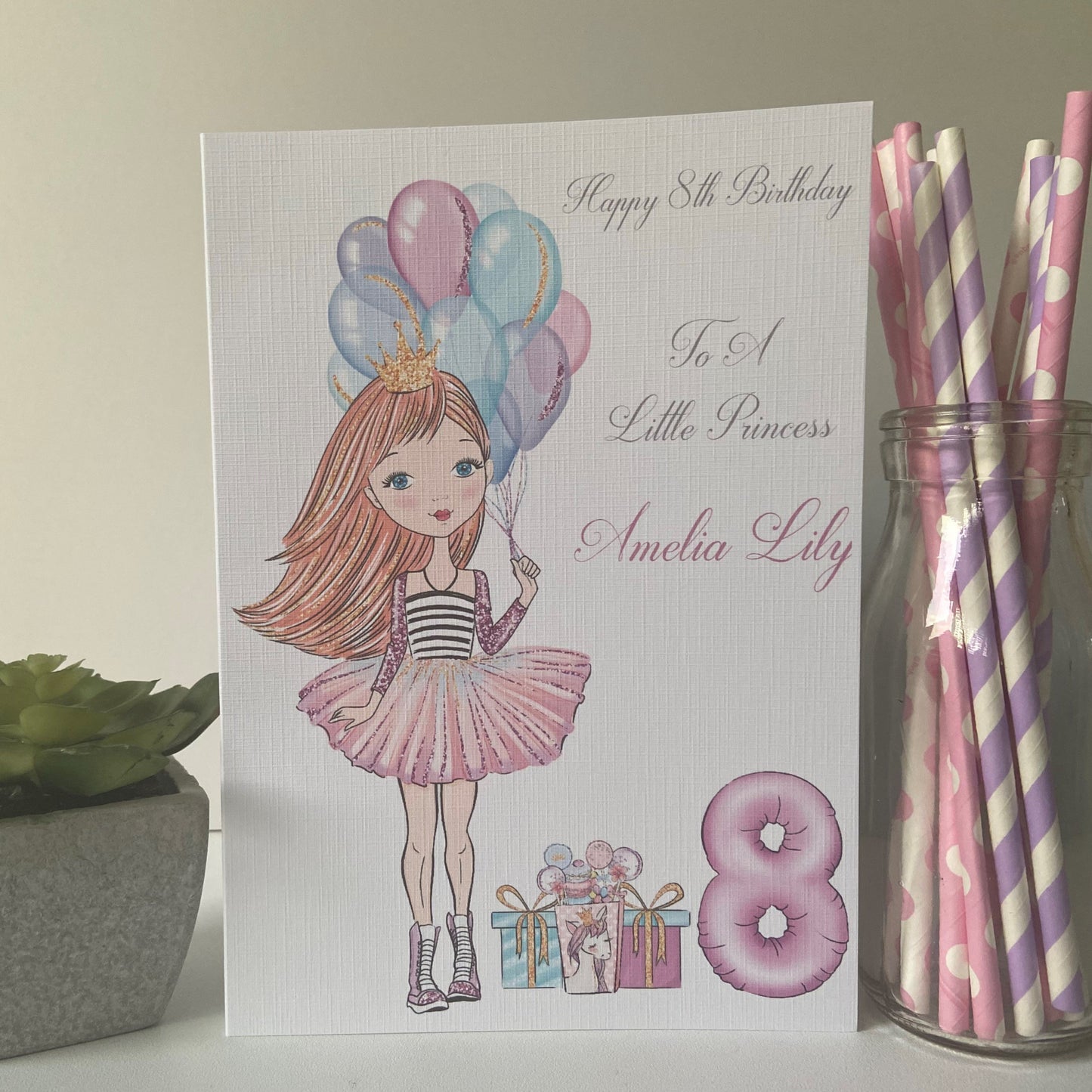 Personalised Large A5 Handmade Girls Birthday Card Girl with Balloons 6th 7th 8th granddaughter daughter cousin niece friend