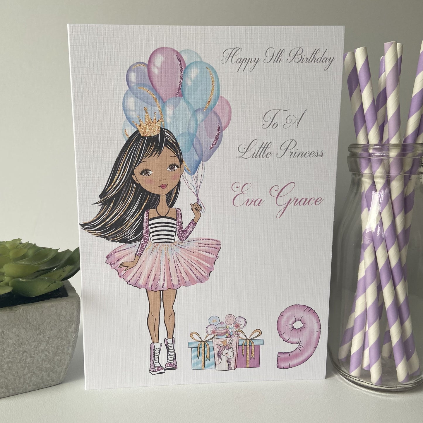 Personalised Handmade Girls Birthday Card Girl with Balloons