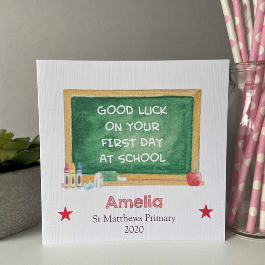 Personalised Boys & Girls Good Luck First Day At School Card Chalkboard Design
