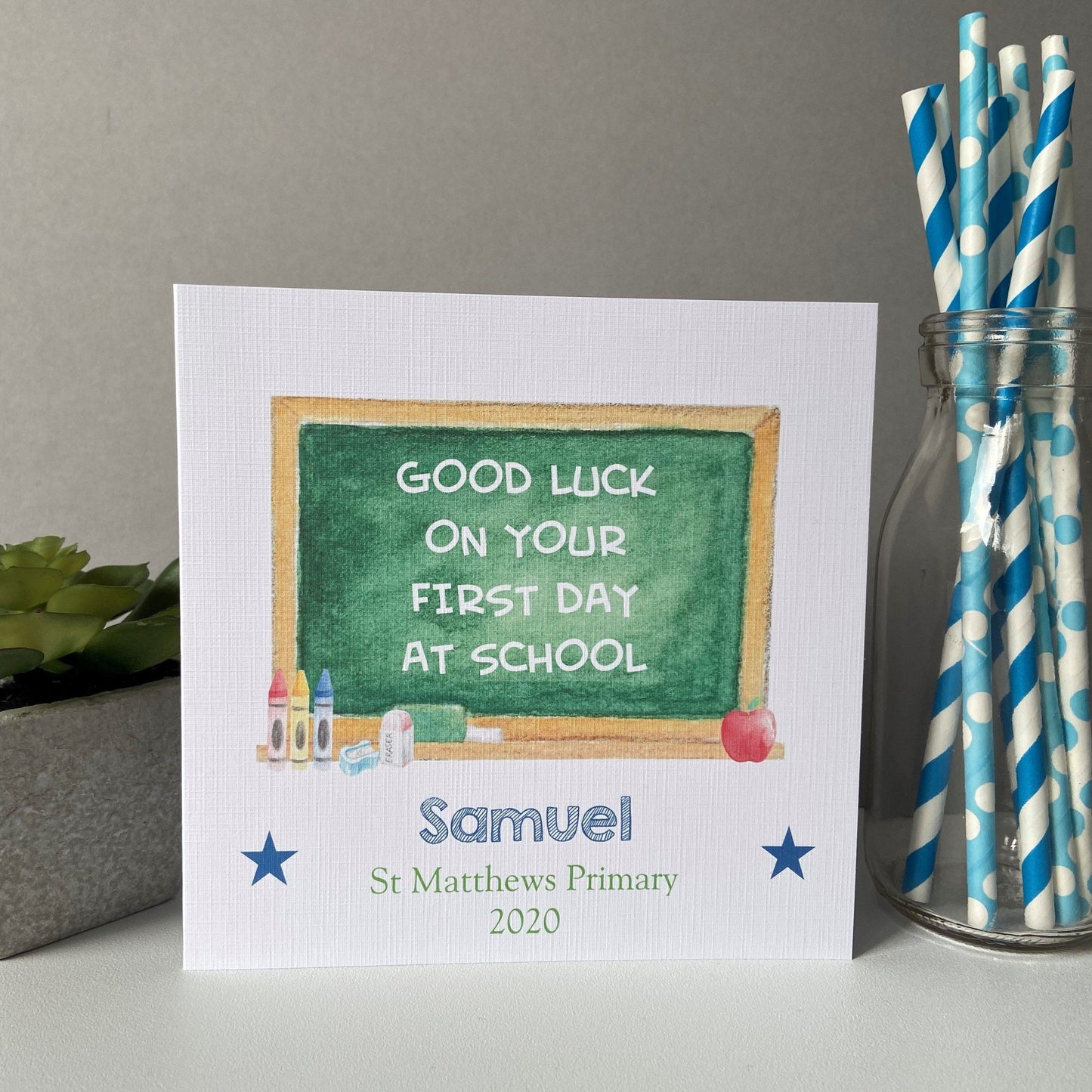 Personalised Boys & Girls Good Luck First Day At School Card Chalkboard Design