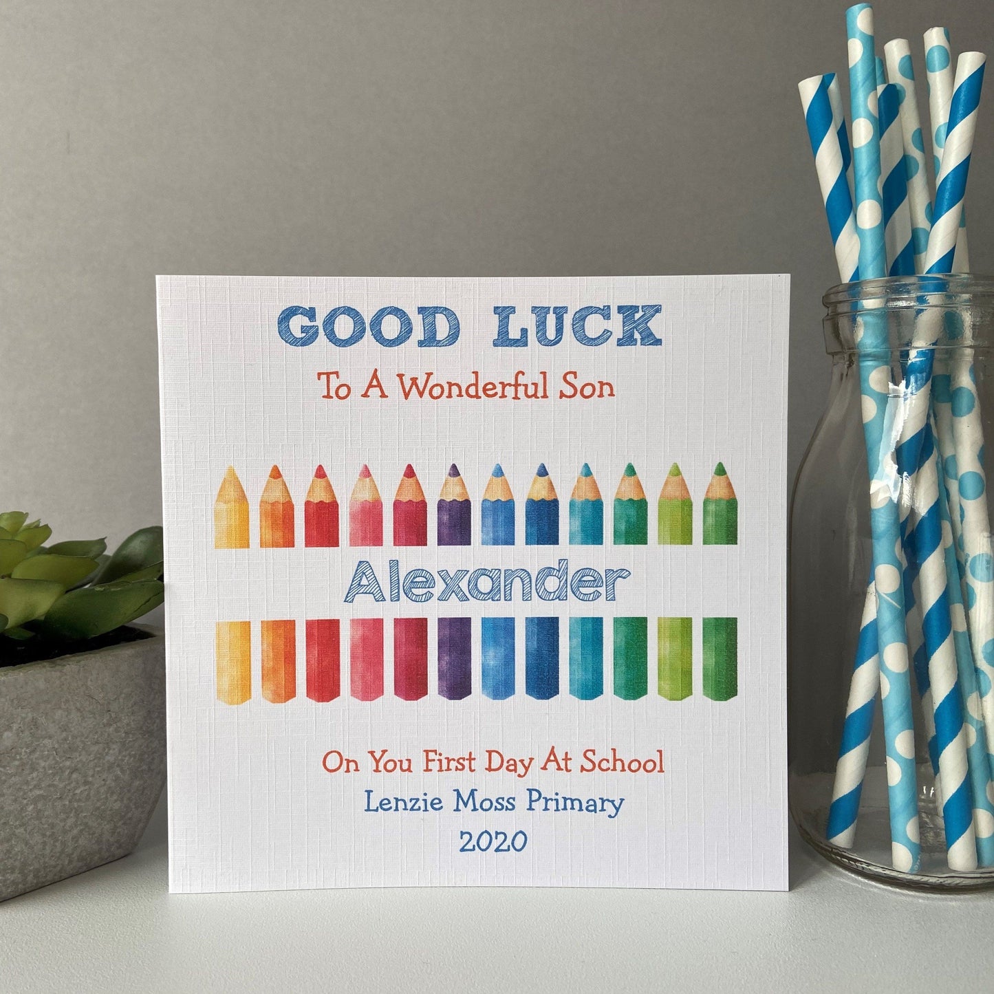 Personalised Boys & Girls Good Luck First Day At School Card Colourful Pencils Design