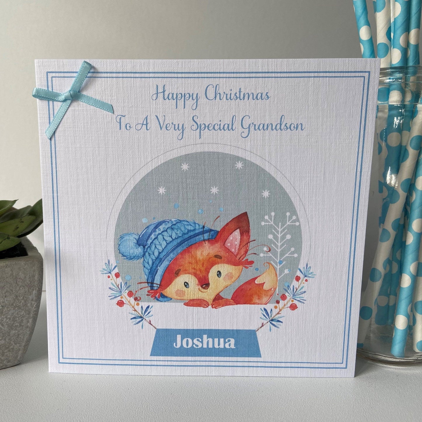 Personalised Christmas Card Watercolour Fox in Snow Globe Grandson Son Nephew