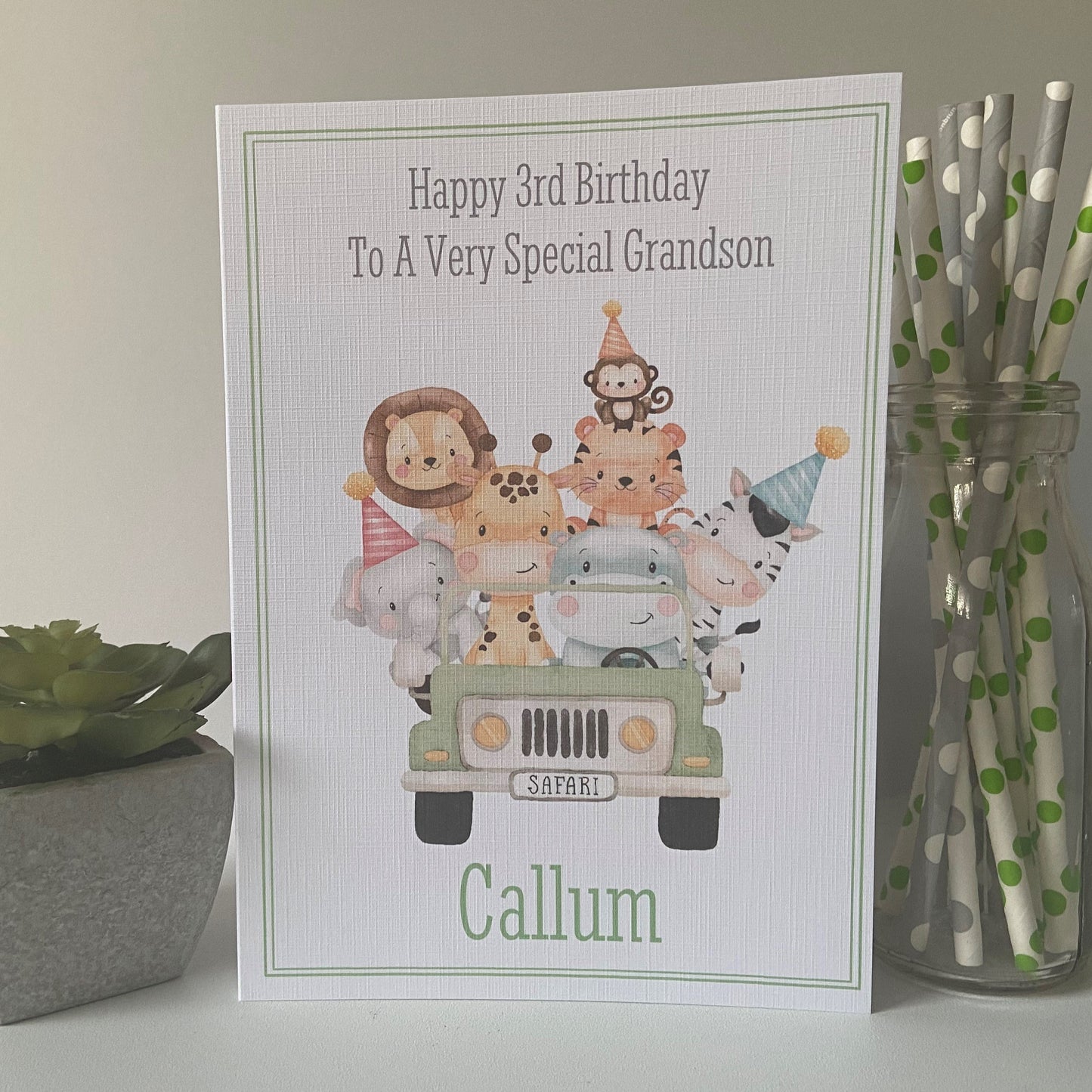 Personalised Birthday Card Jungle Safari Animals Jeep 2nd 3rd 4th 5th son grandson nephew