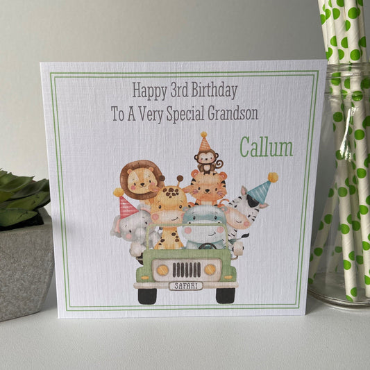 Personalised Birthday Card Jungle Safari Animals Jeep