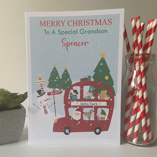 Personalised Christmas Card Santa Tour Bus Grandson Son Nephew