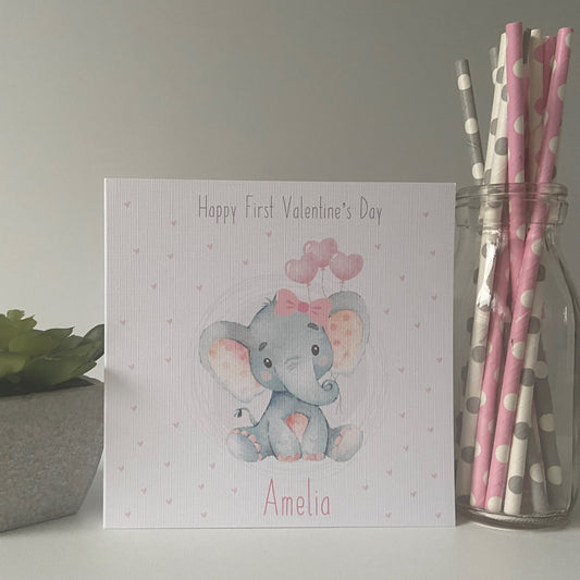 Personalised Happy First Valentine's Day Card For Girl Watercolour Elephant