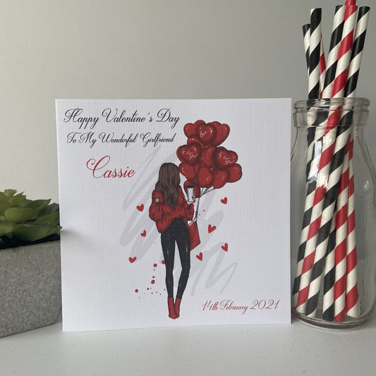 Personalised Valentine's Day Card Girl Holding Heart Balloons