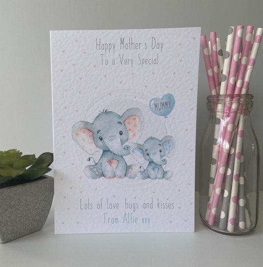Personalised Handmade Mother's Day Card Watercolour Elephant Mummy
