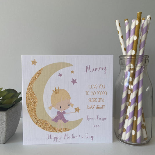 Personalised Handmade Mother's Day Card Girl on Moon Mummy