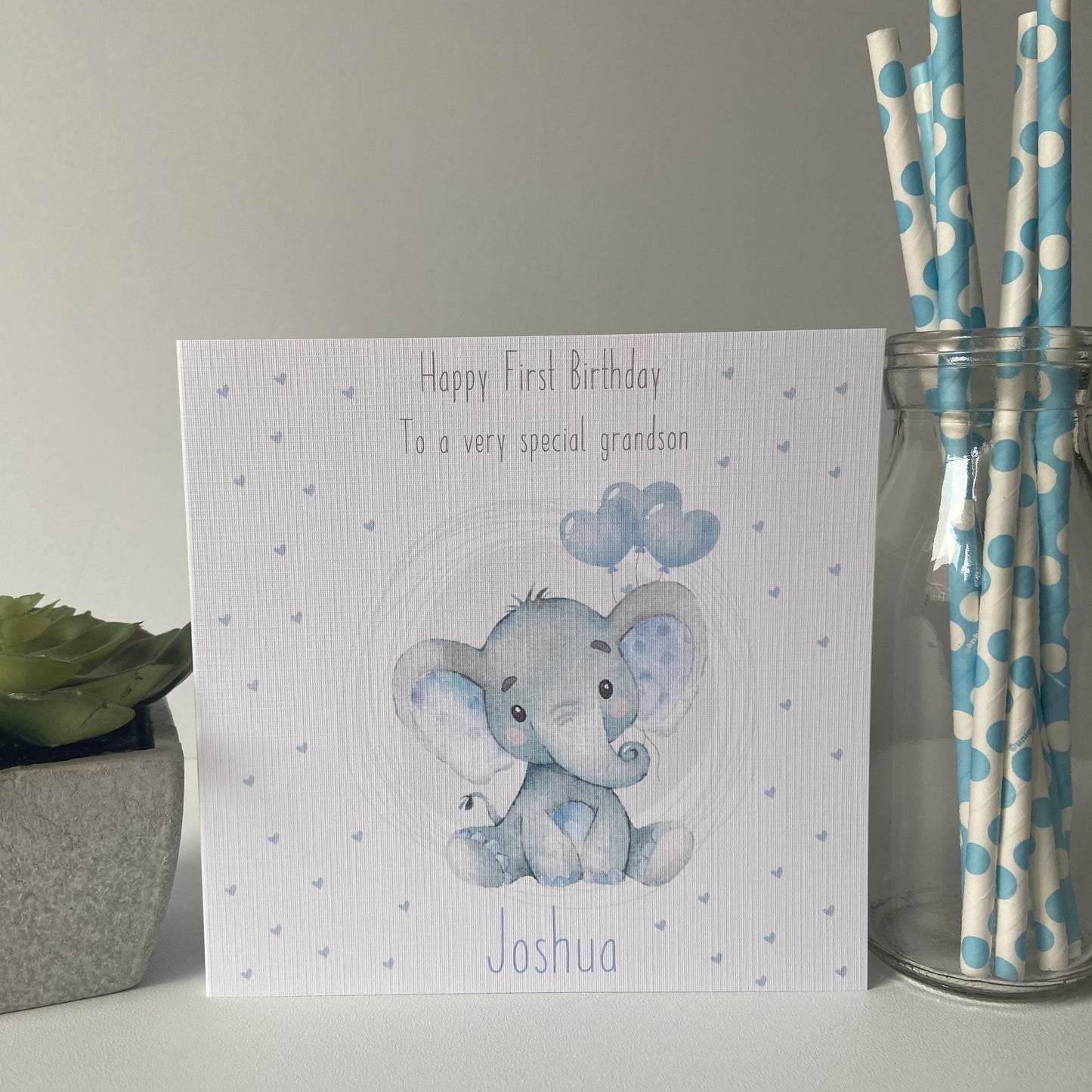 Personalised First Birthday Card Watercolour Elephant Boys Son Grandson Nephew 1st birthday