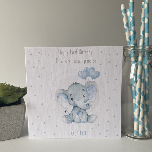 Personalised First Birthday Card Watercolour Elephant Boys Son Grandson Nephew 1st birthday