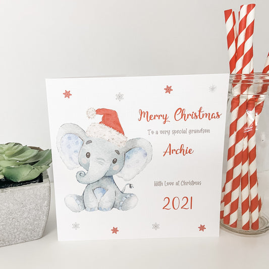 Personalised Christmas Card Watercolour Elephant Boy Girl Grandchildren Children Son Daughter Granddaughter Daughter