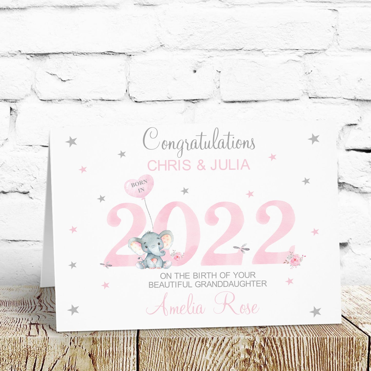 Personalised Congratulations New Baby 2022 Pink Watercolour Elephant