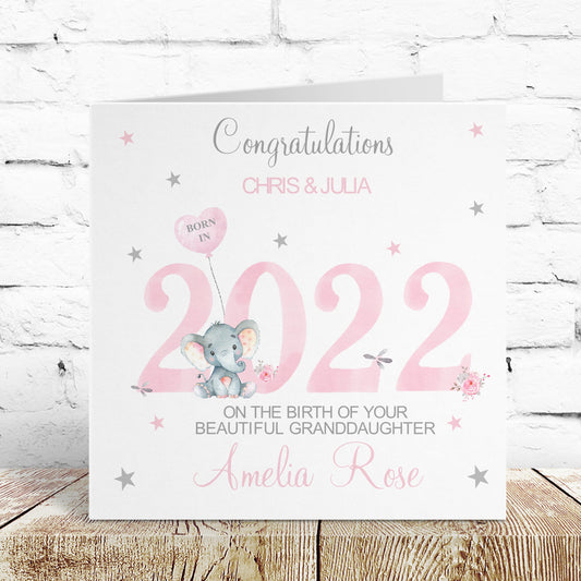 Personalised Congratulations New Baby 2022 Pink Watercolour Elephant