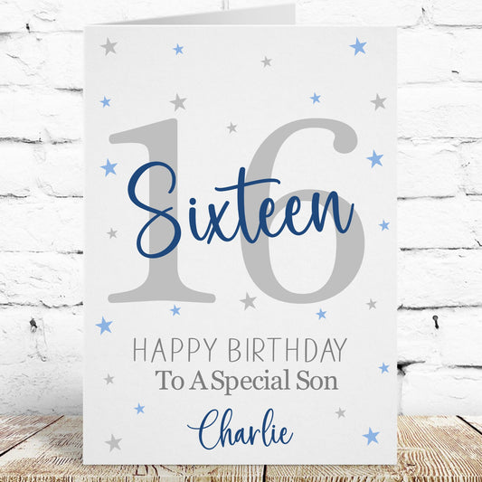 Personalised Birthday Card Blue & Grey Age