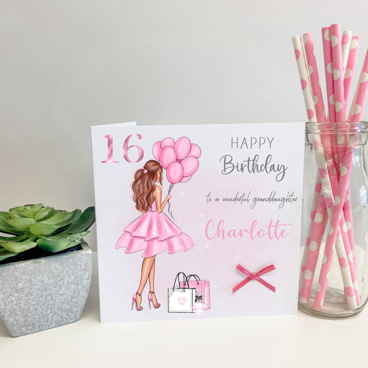 Personalised Female Girl Birthday Card Girl with Balloons & Gifts Teenager 16th 17th 18th 19th 21st 30th