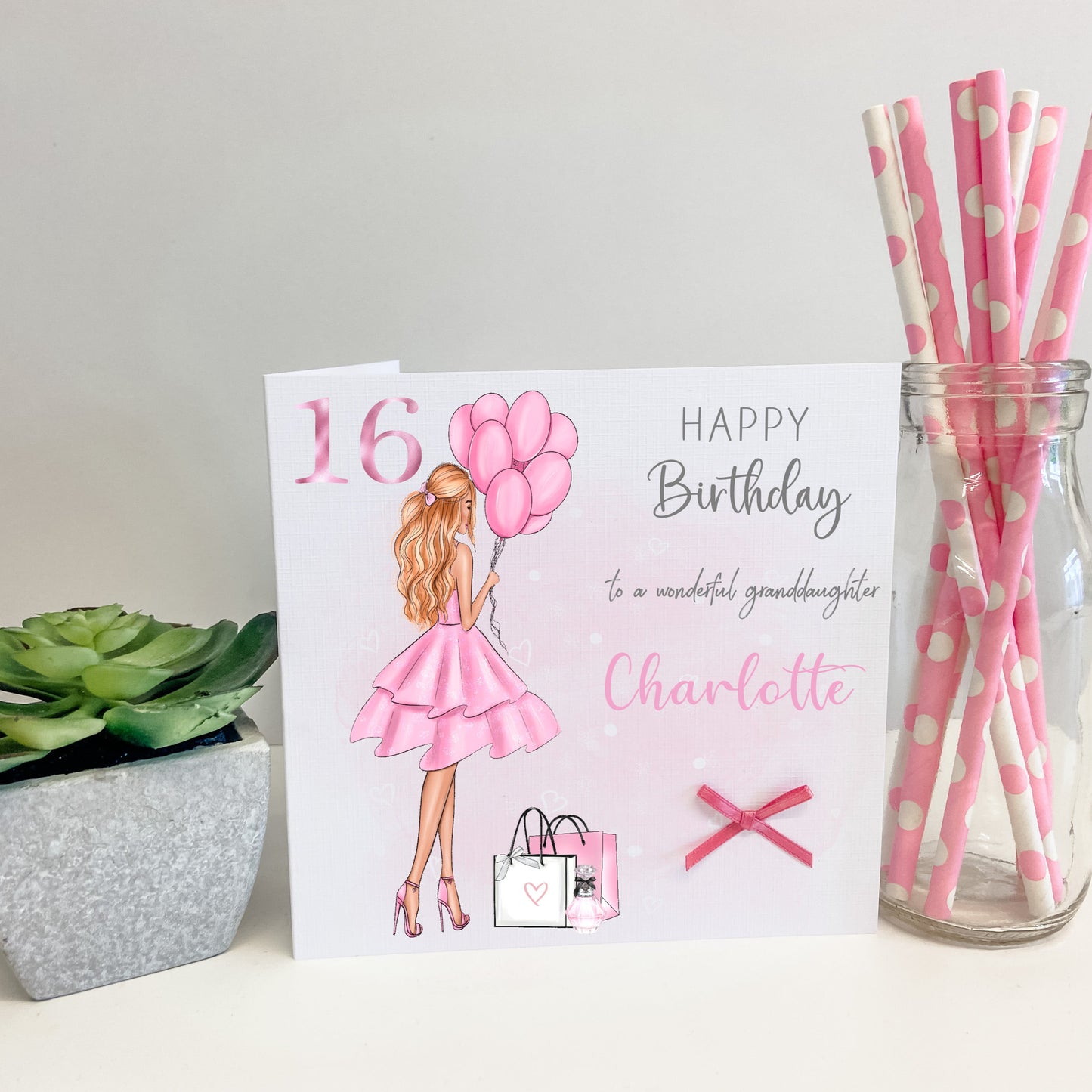 Personalised Female Girl Birthday Card Girl with Balloons & Gifts Teenager 16th 17th 18th 19th 21st 30th