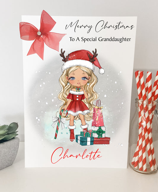 Personalised Christmas Card Girl Reindeer