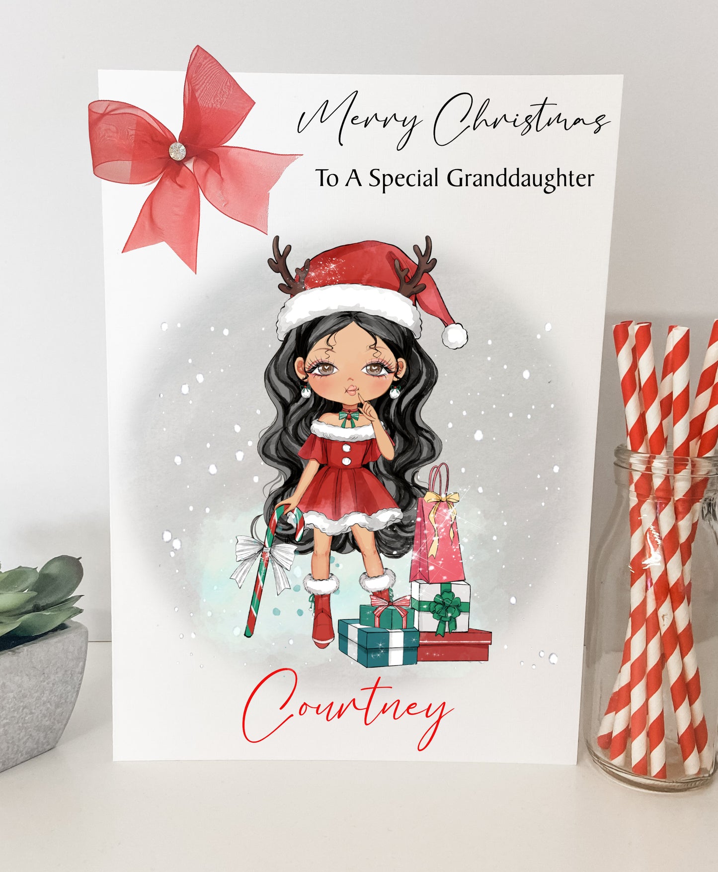 Personalised Christmas Card Girl Reindeer