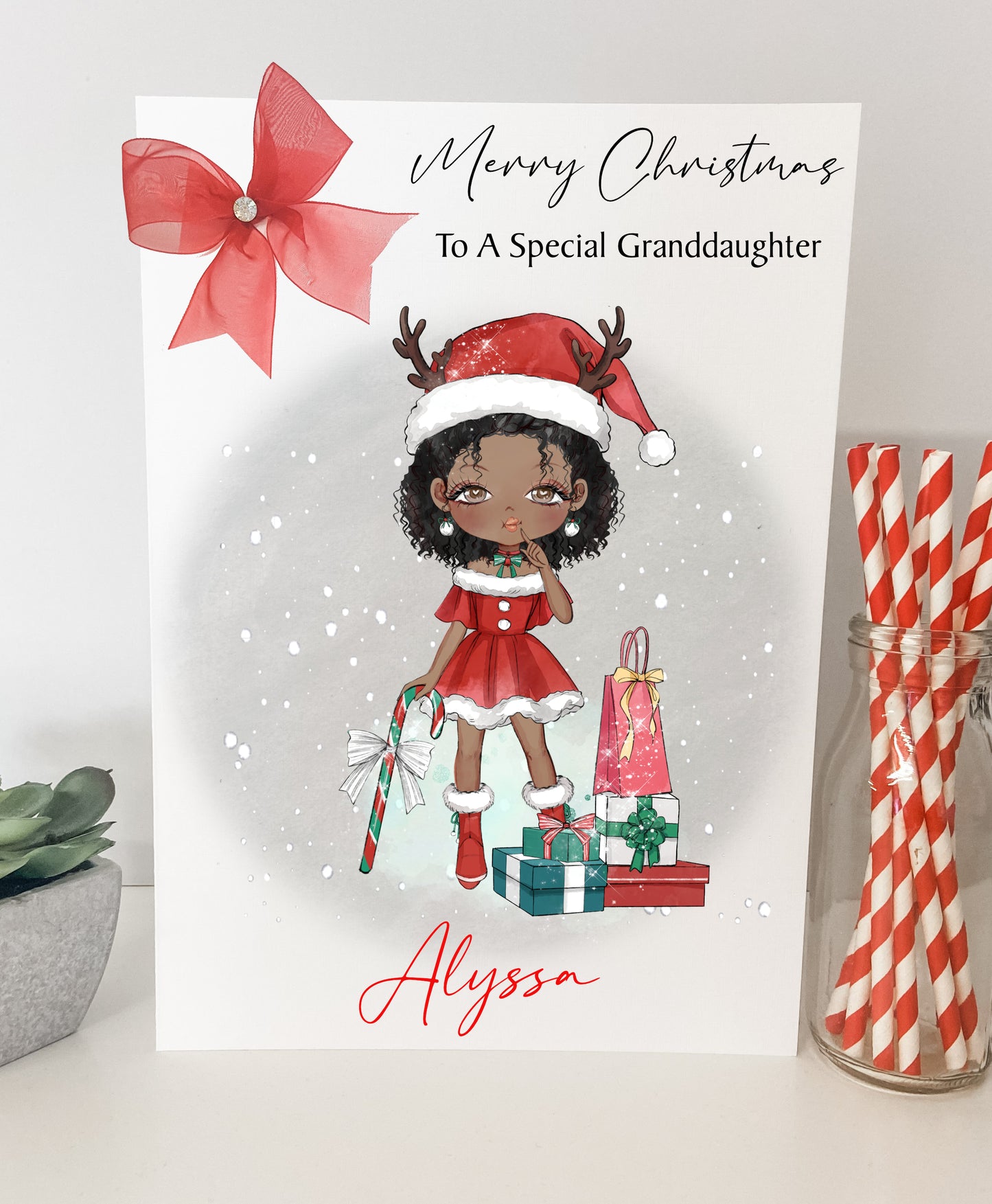 Personalised Christmas Card Girl Reindeer