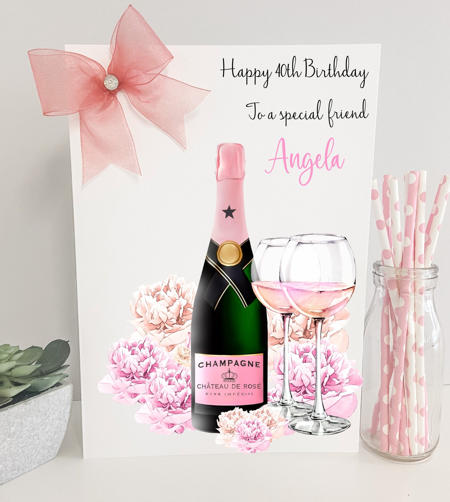 Personalised Birthday Card Floral Pink Champagne