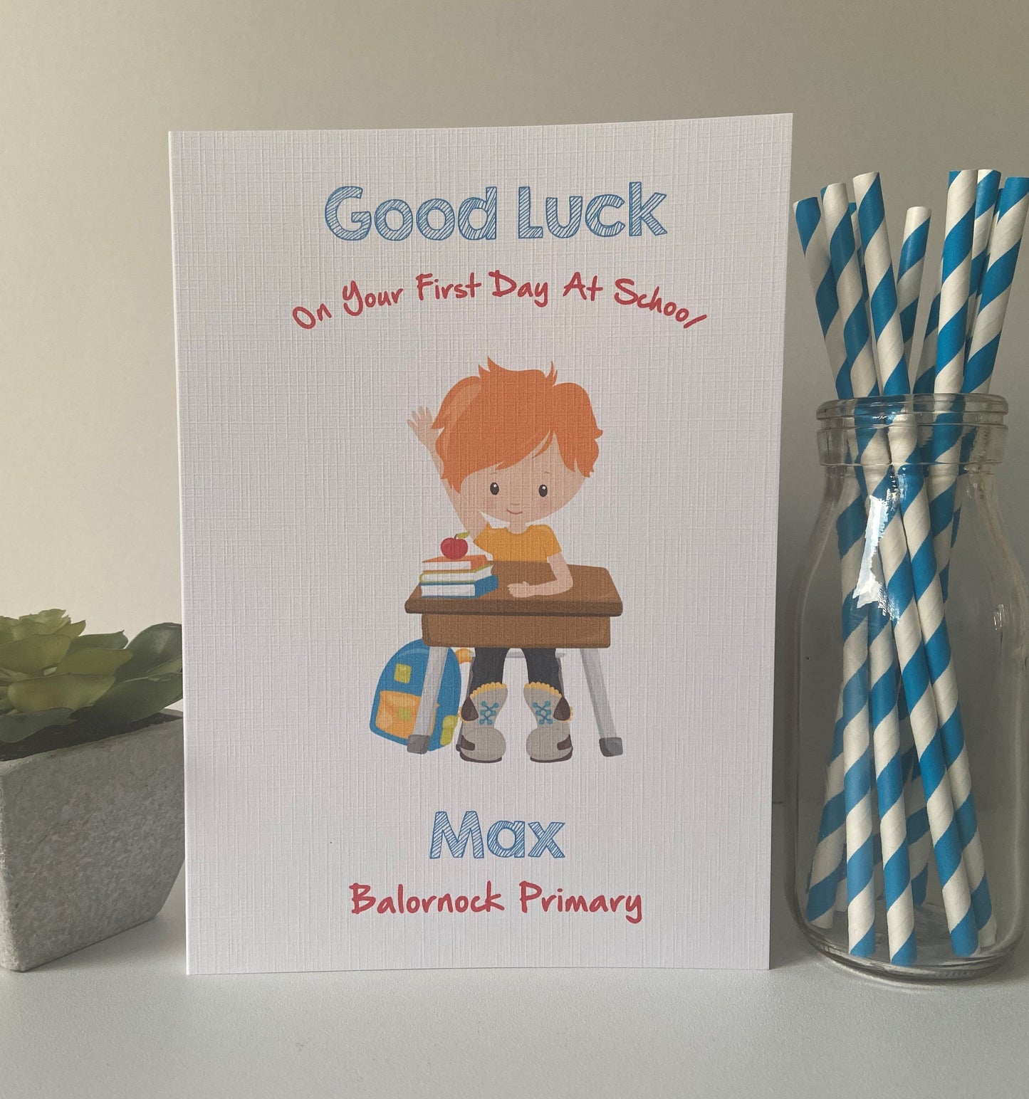 Personalised Boys Good Luck First Day At School Card