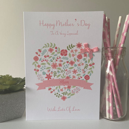 Large A5 Personalised Handmade Mother's Day Card Floral Heart