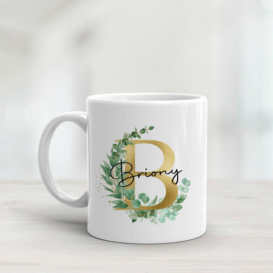 Personalised Mug Gold Floral Initial birthday gift, bridesmaid gift, gift for mum