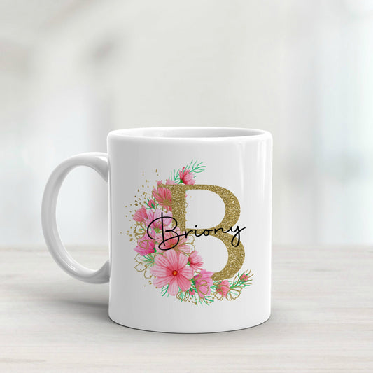 Personalised Mug Gold & Pink Floral Initial Gift for her, gift for mum, gift for gran