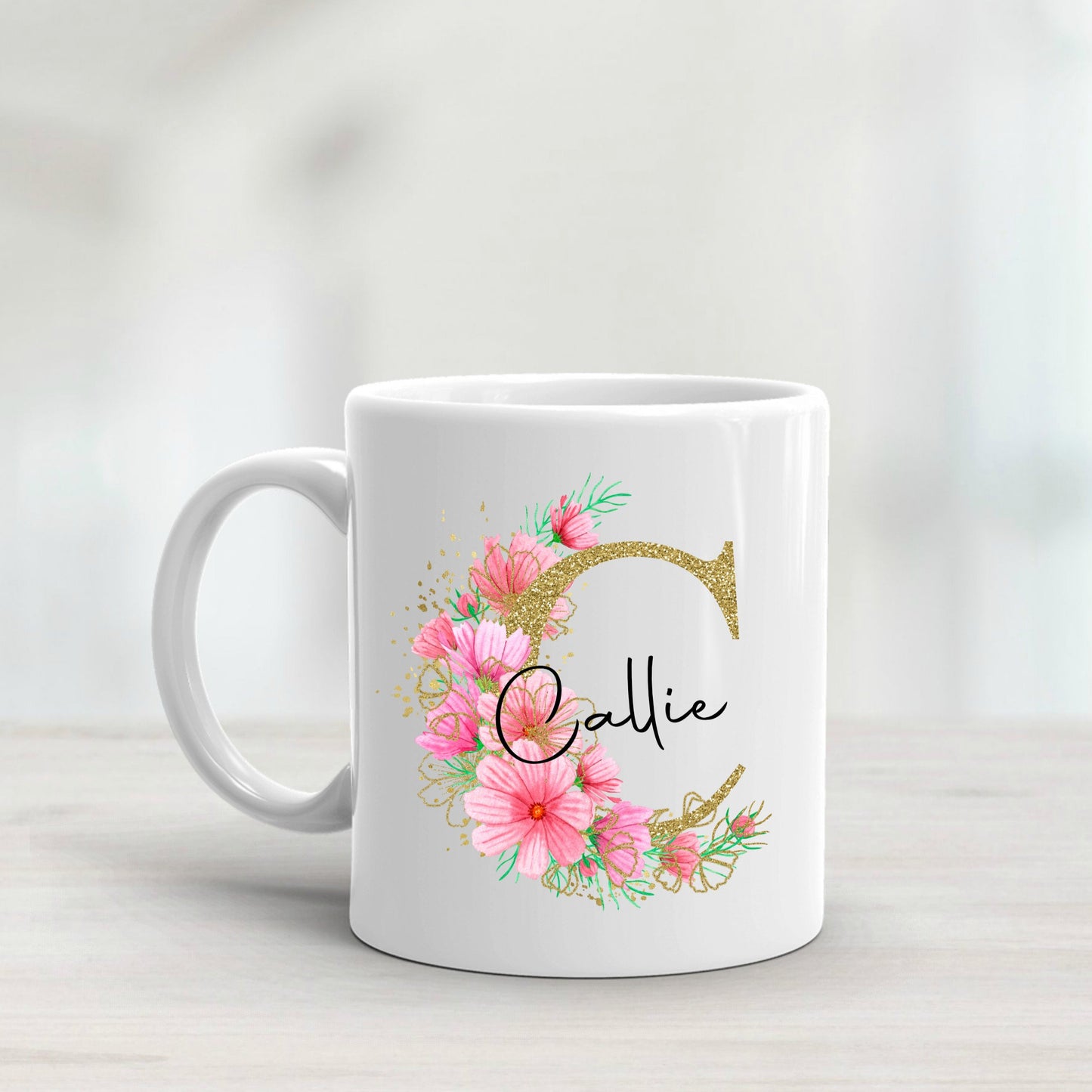 Personalised Mug Gold & Pink Floral Initial Gift for her, gift for mum, gift for gran