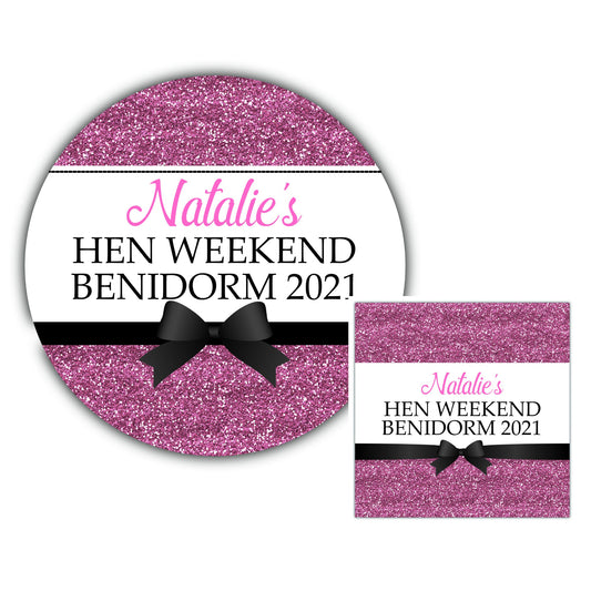 Personalised Hen Party Party Stickers for Favours Party Bags Printed Glitter Effect