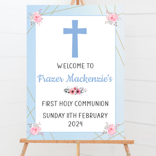 a blue and white sign with a cross on it