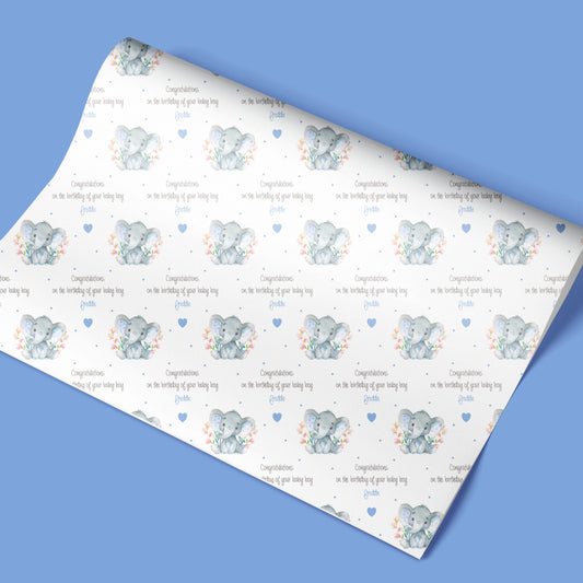 Personalised New Baby Boy Gift Wrapping Paper Blue Elephant