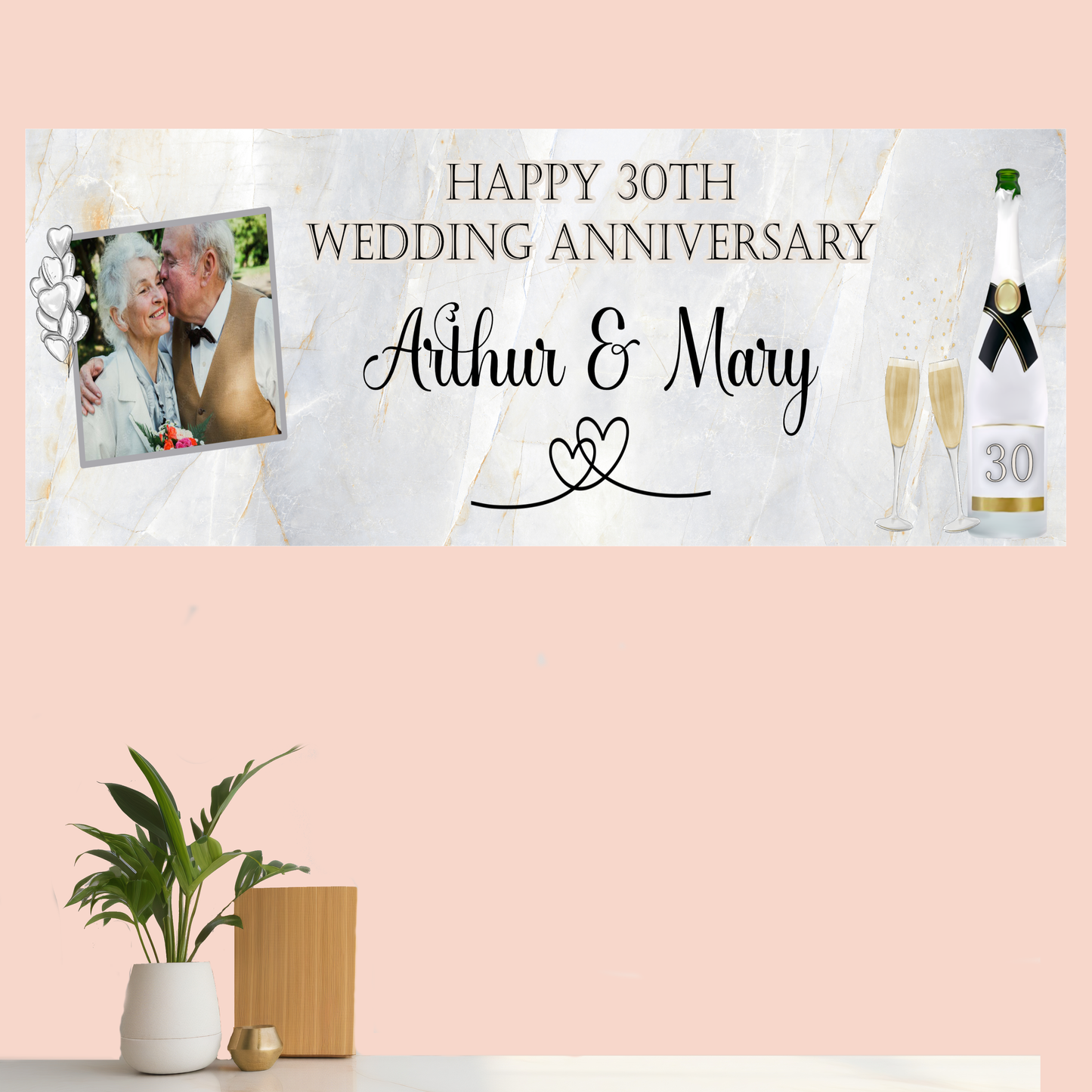 Personalised Anniversary Banner Congratulations Grey Marble Champagne