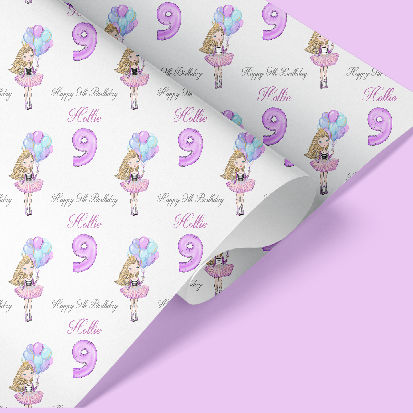 a purple and white birthday wrapping paper with a cartoon girl holding balloons