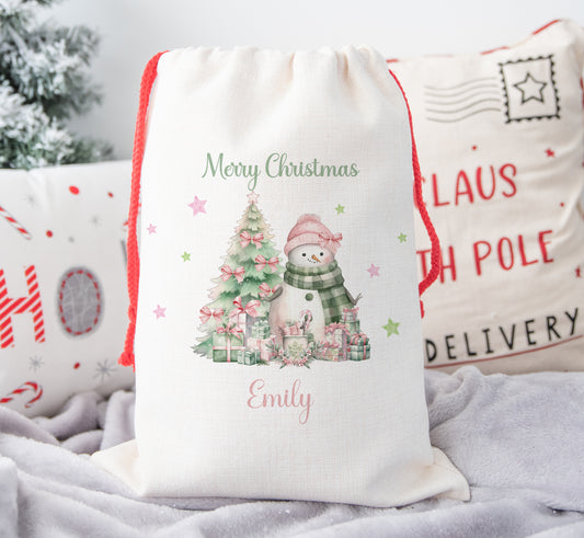 Personalised Christmas Santa Sack For Children Pink Snowman