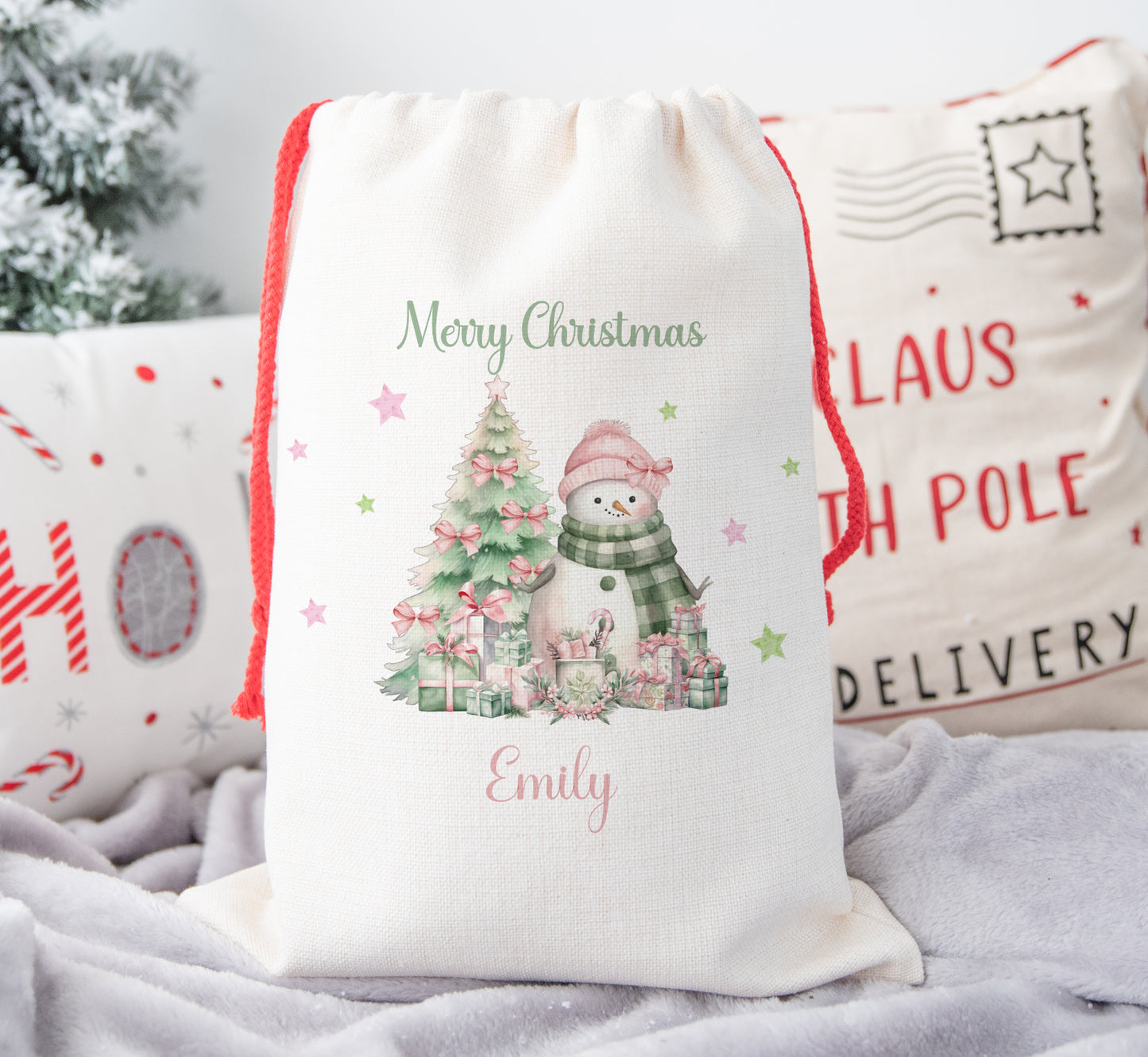 Personalised Christmas Santa Sack For Children Pink Snowman