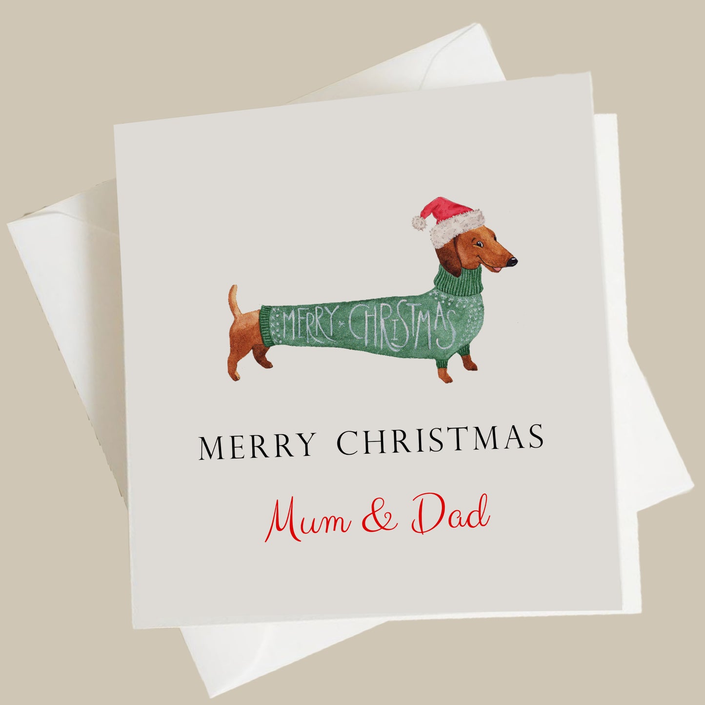 a christmas card with a dachshund wearing a santa hat