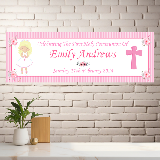 a pink and white banner with a little girl on it