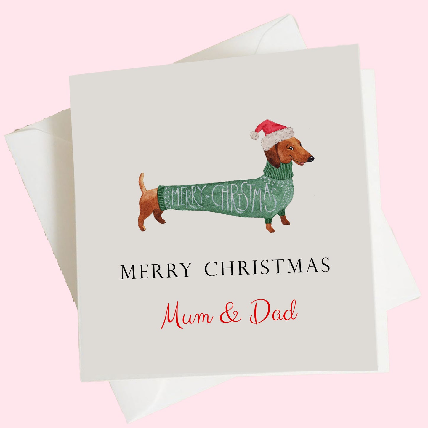 a christmas card with a dachshund wearing a santa hat