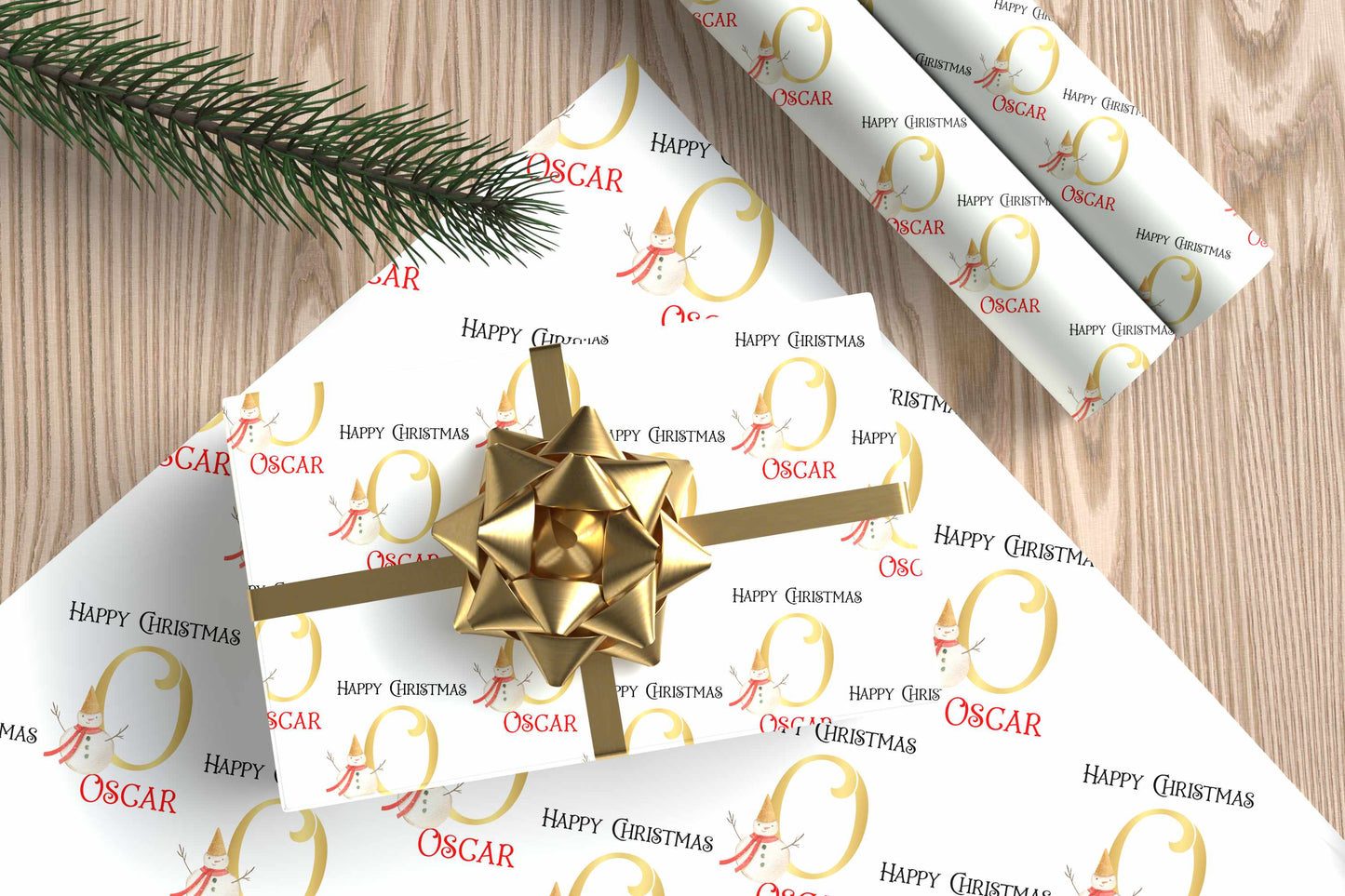 Personalised Christmas Wrapping Paper Snowman Gold Initial