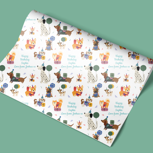 Personalised Birthday Wrapping Paper Cute Dogs Party Hat