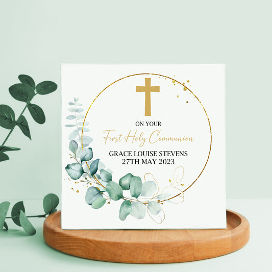 Personalised First Holy Communion Card Gold Cross Eucalyptus Frame