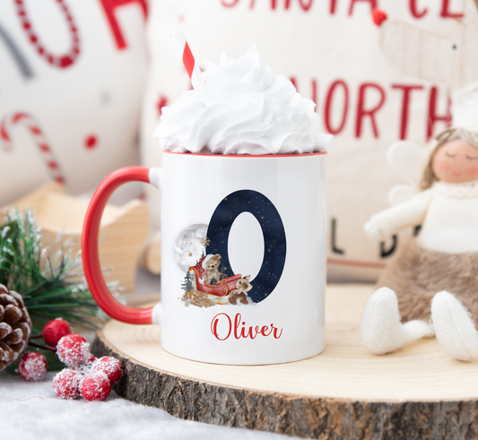 Personalised Christmas Mug, Stocking Filler, Christmas Eve Box, Hot Chocolate Mug, Sleigh Bear Initial