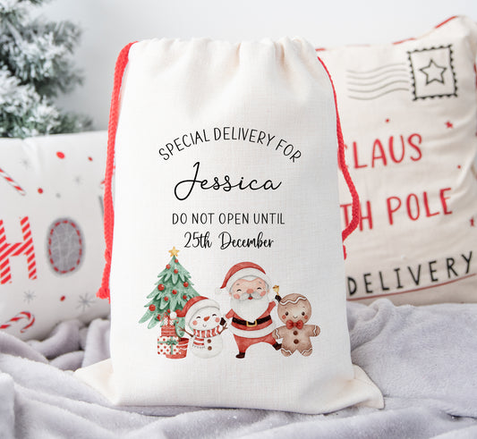 Personalised Christmas Santa Sack For Children Special Delivery Santa Snowman Gingerbread